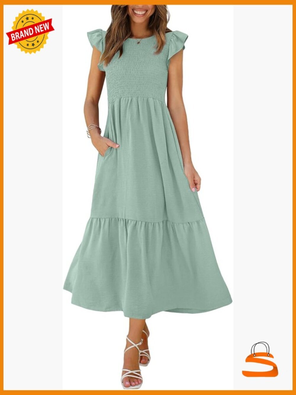 Womens Casual Maxi Dress with Pockets Ruffle Sleeve Smocked